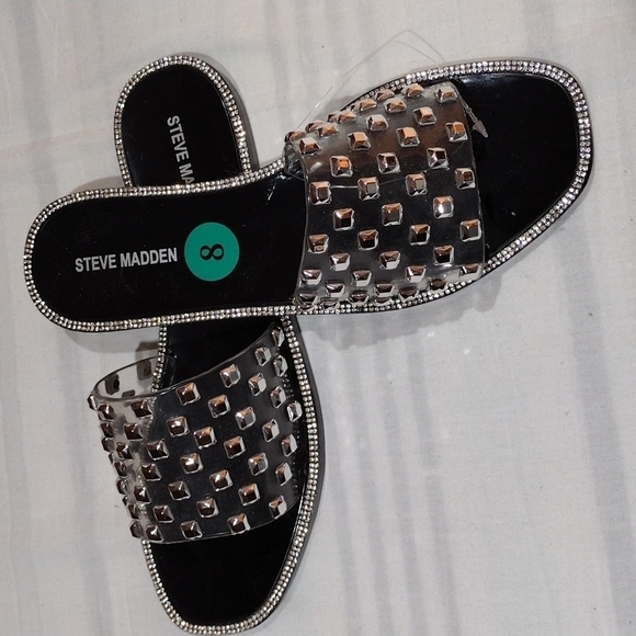 Steve MADDEN SZ 8 SLIDES FLATS SLIP ON DRESS SHOES SILVER GLITTER ACCENTS NWT - Picture 8 of 9